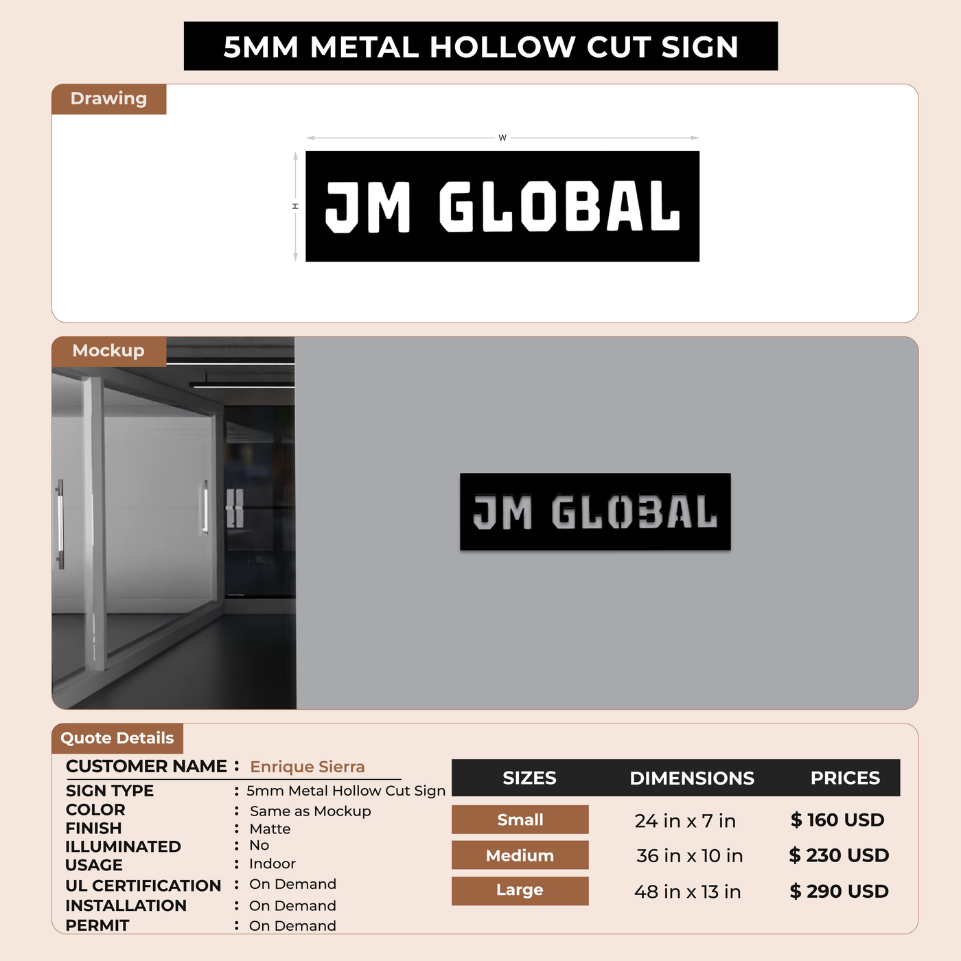 5MM Metal Hollowcut Sign For Enrique Sierra