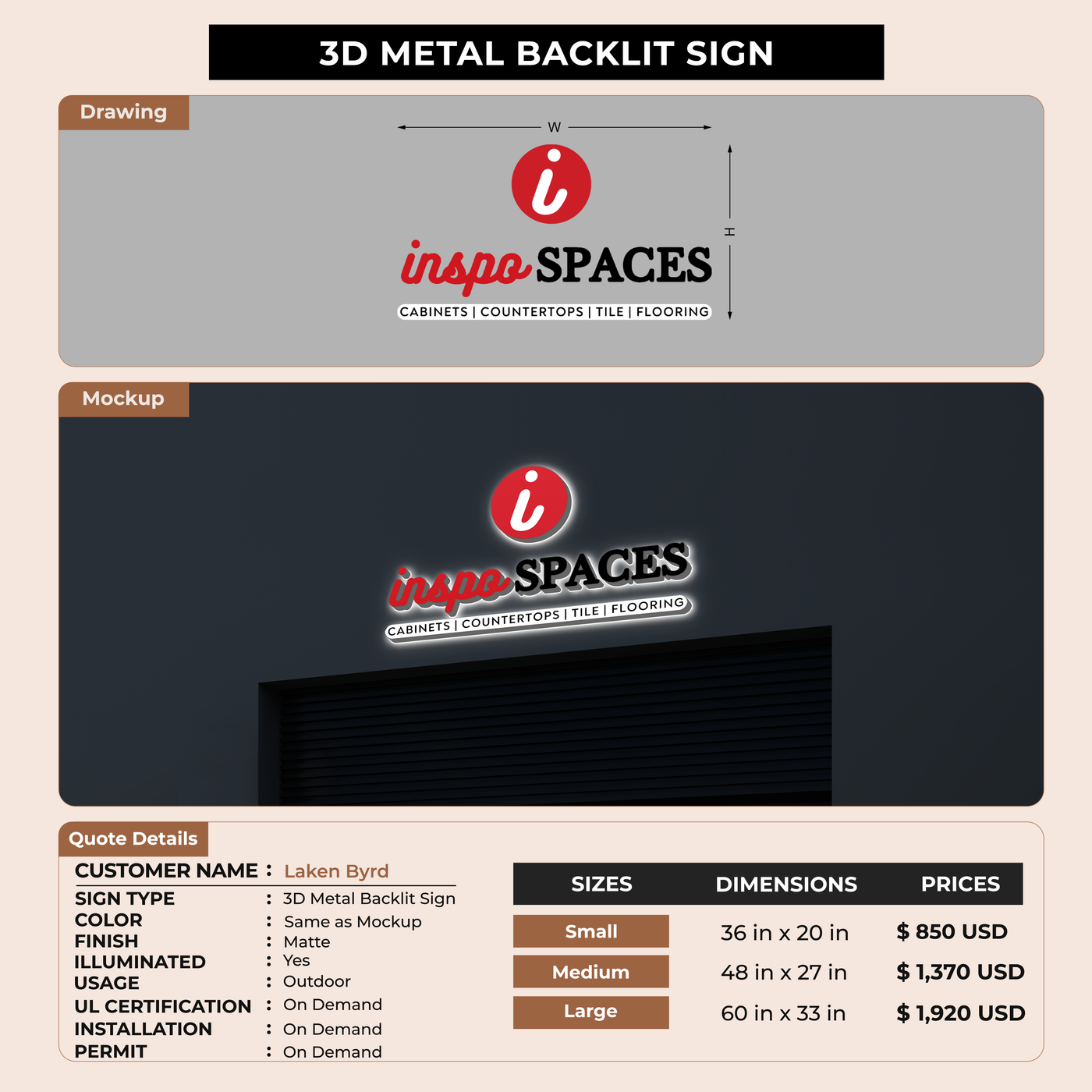 3D Metal Back-lit Sign For Laken Byrd