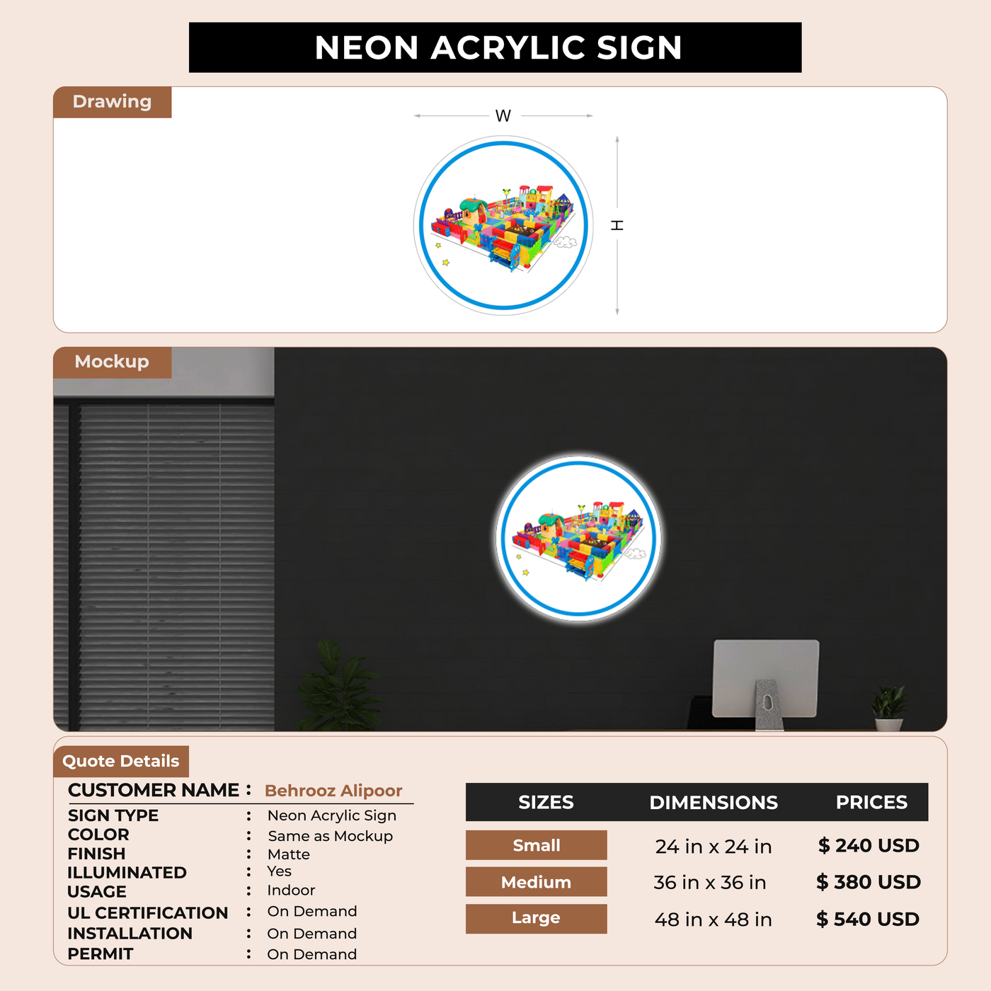 Neon Acrylic Sign For Behrooz Alipoor