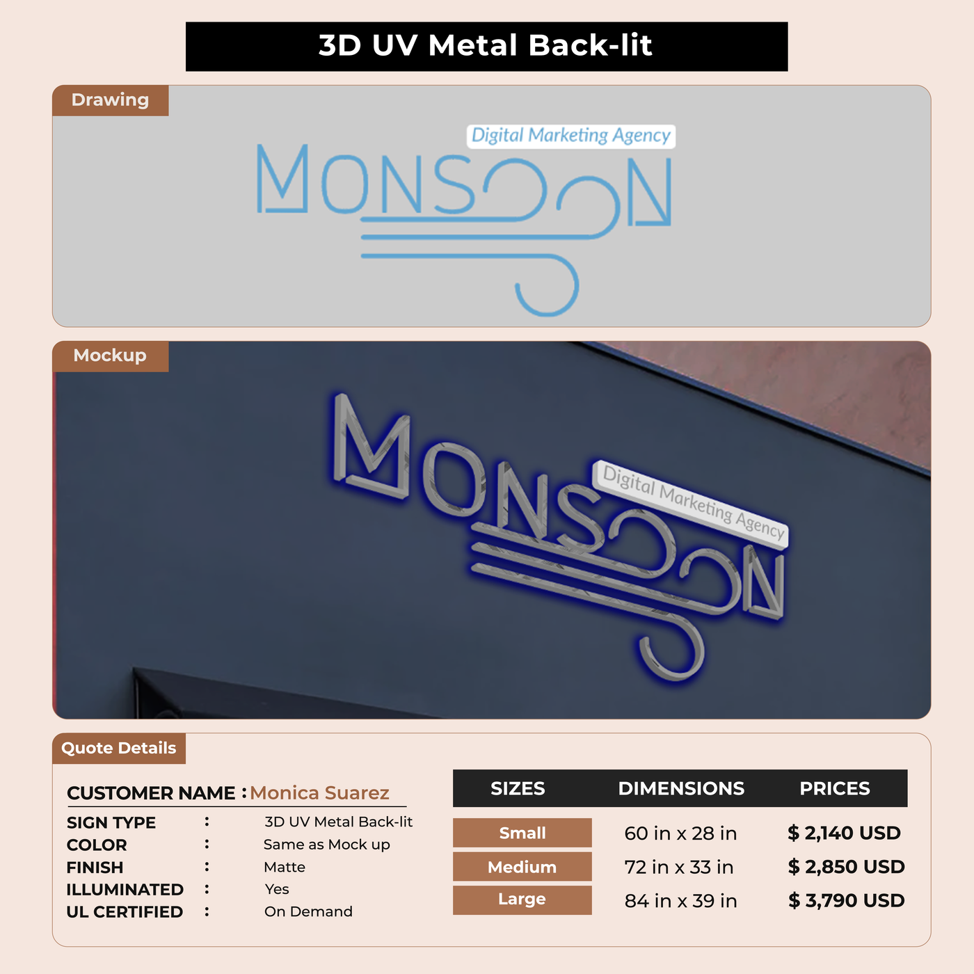 3D UV Metal Back-lit Sign For Monica Suarez