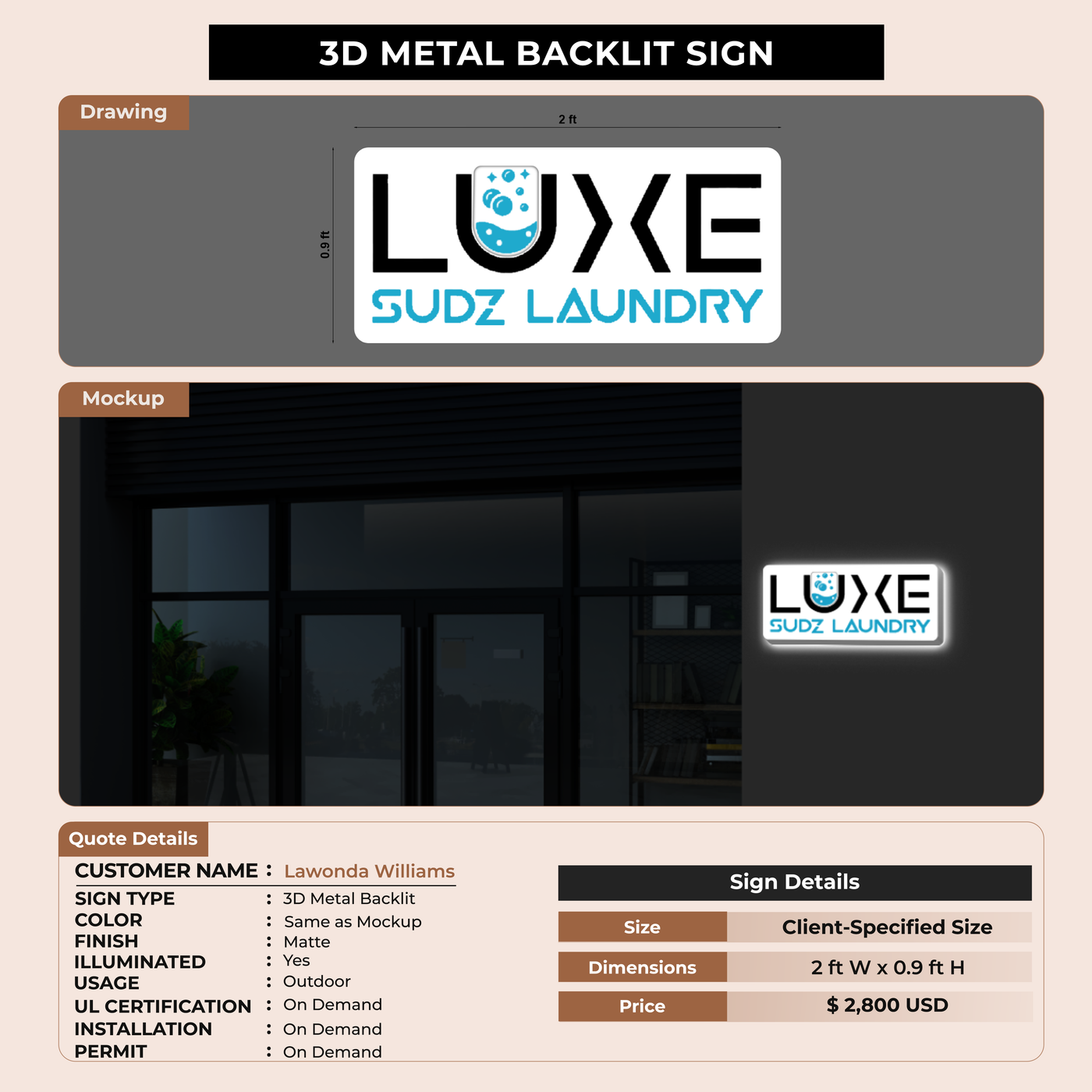 3D Metal Backlit  for Lawonda Williams