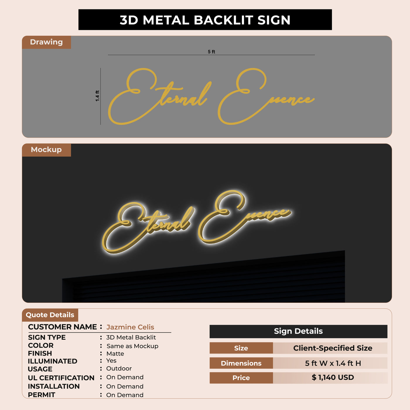3D Metal Backlit Sign for Jazmine Celis