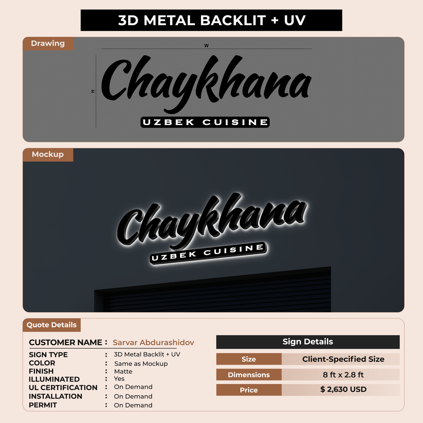 3D Metal Backlit Sign For Sarvar Abdurashidov
