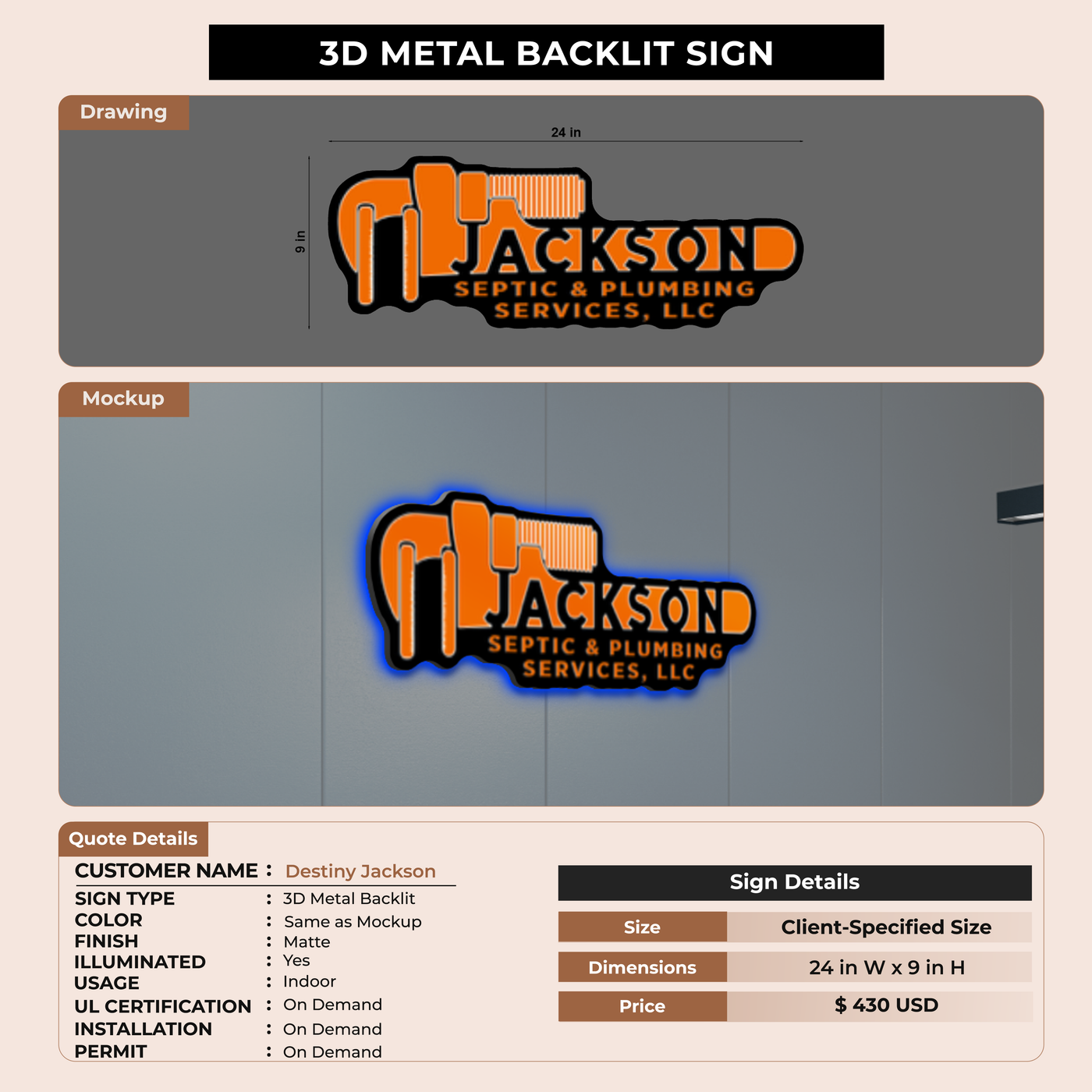 3D Metal Backlit Sign for Destiny Jackson