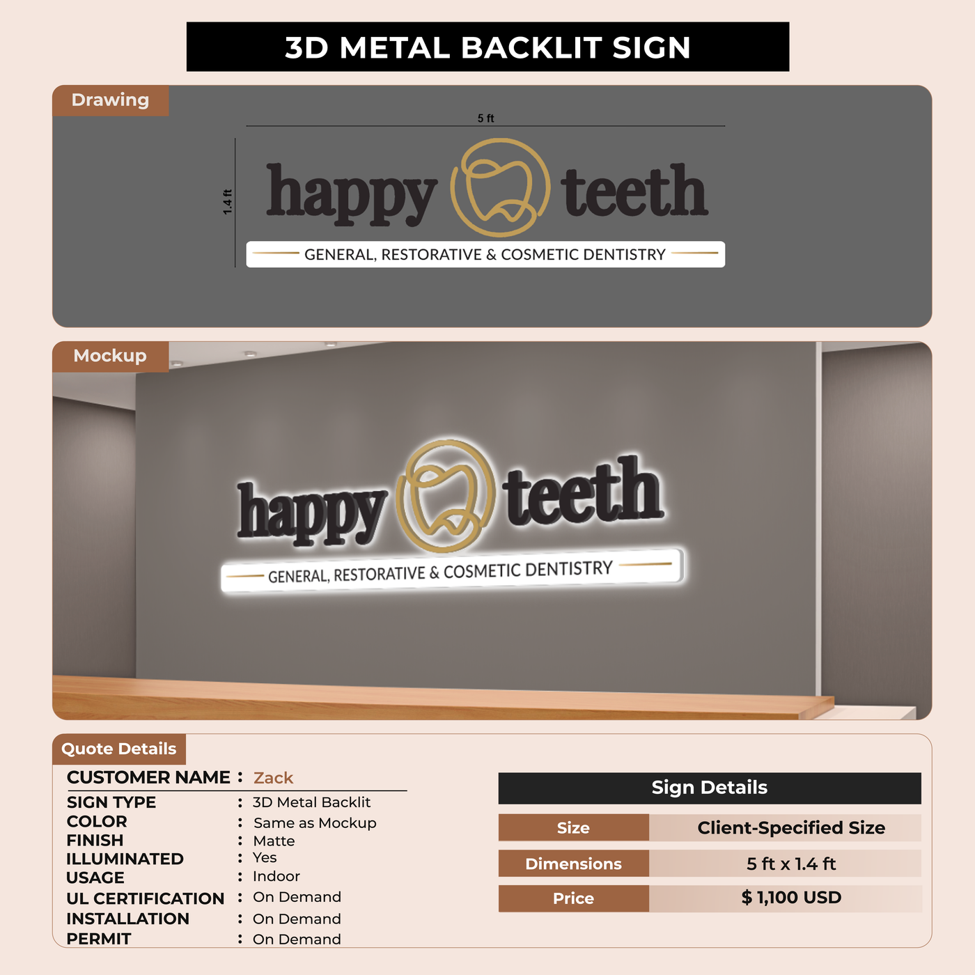 3D Metal Backlit Sign for Zack
