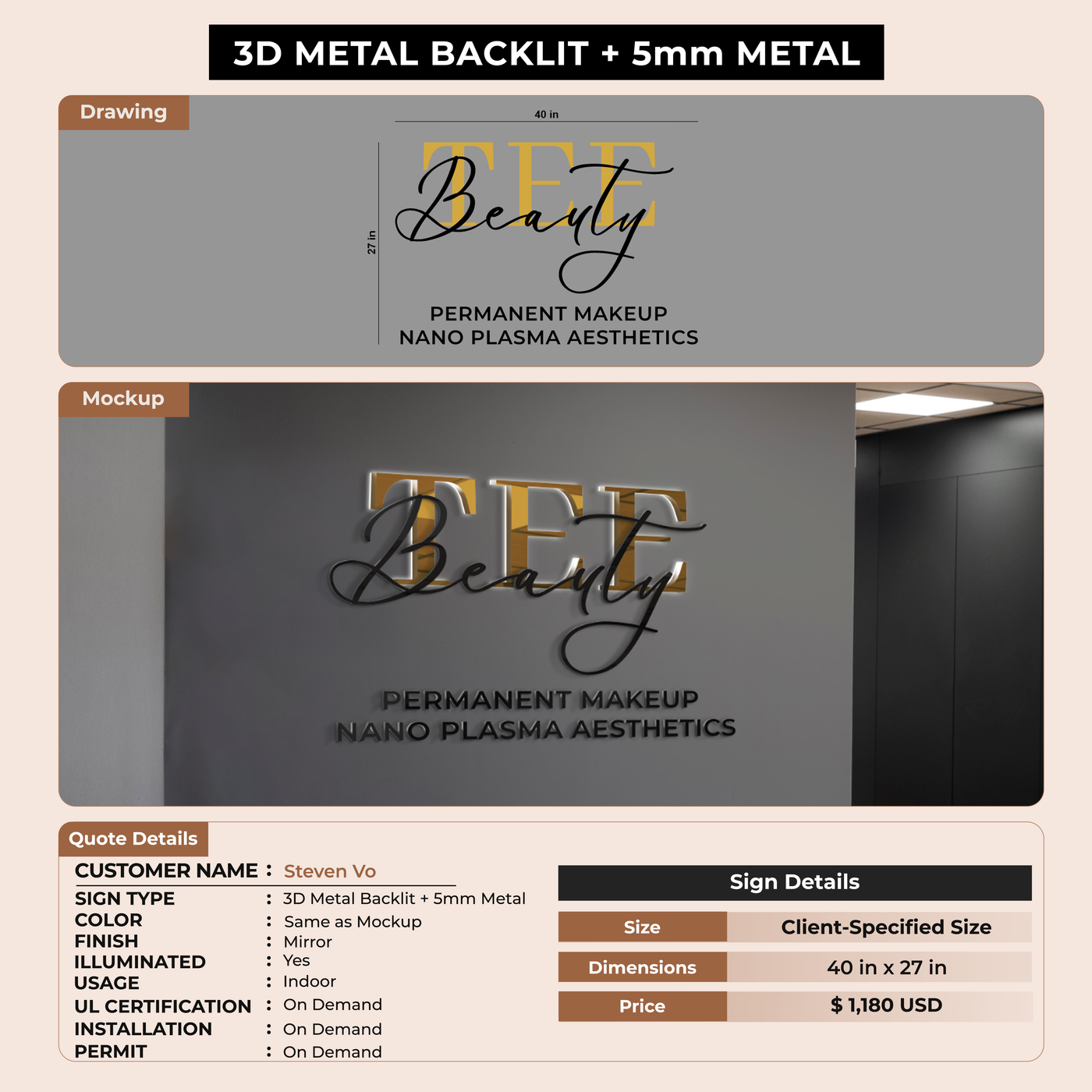 3D Metal Backlit + 5mm Metal Sign for Steven Vo