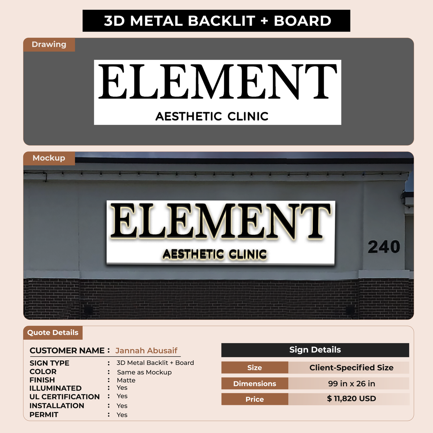 3D Metal Backlit Sign for Jannah Abusaif