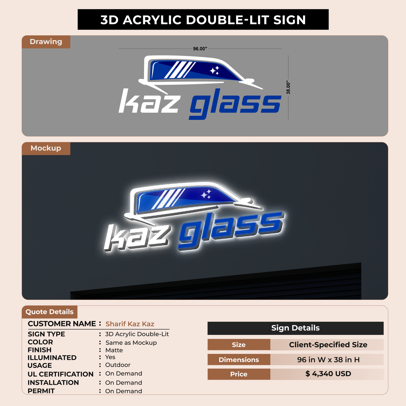 Acrylic Double-lit Sign for Sharif Kaz Kaz