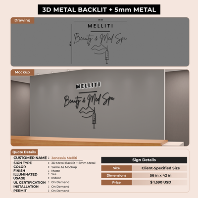 3d metal backlit sign for Jenessia Melliti