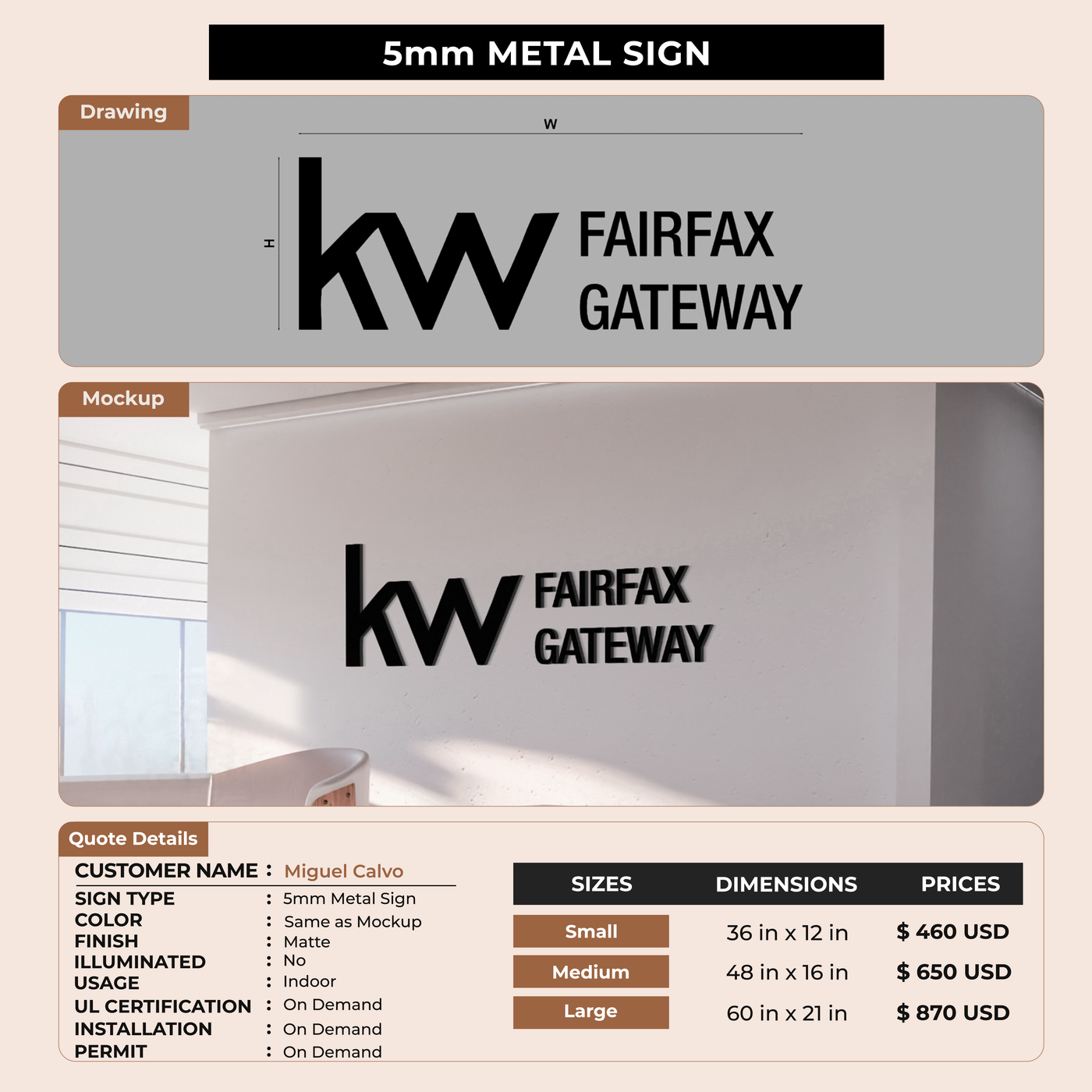 5mm metal sign for Miguel Calvo
