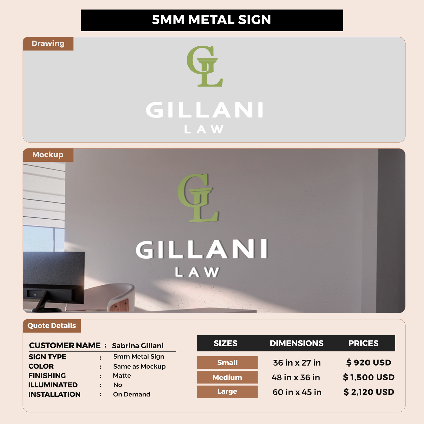 Business signage for Sabrina Gillani