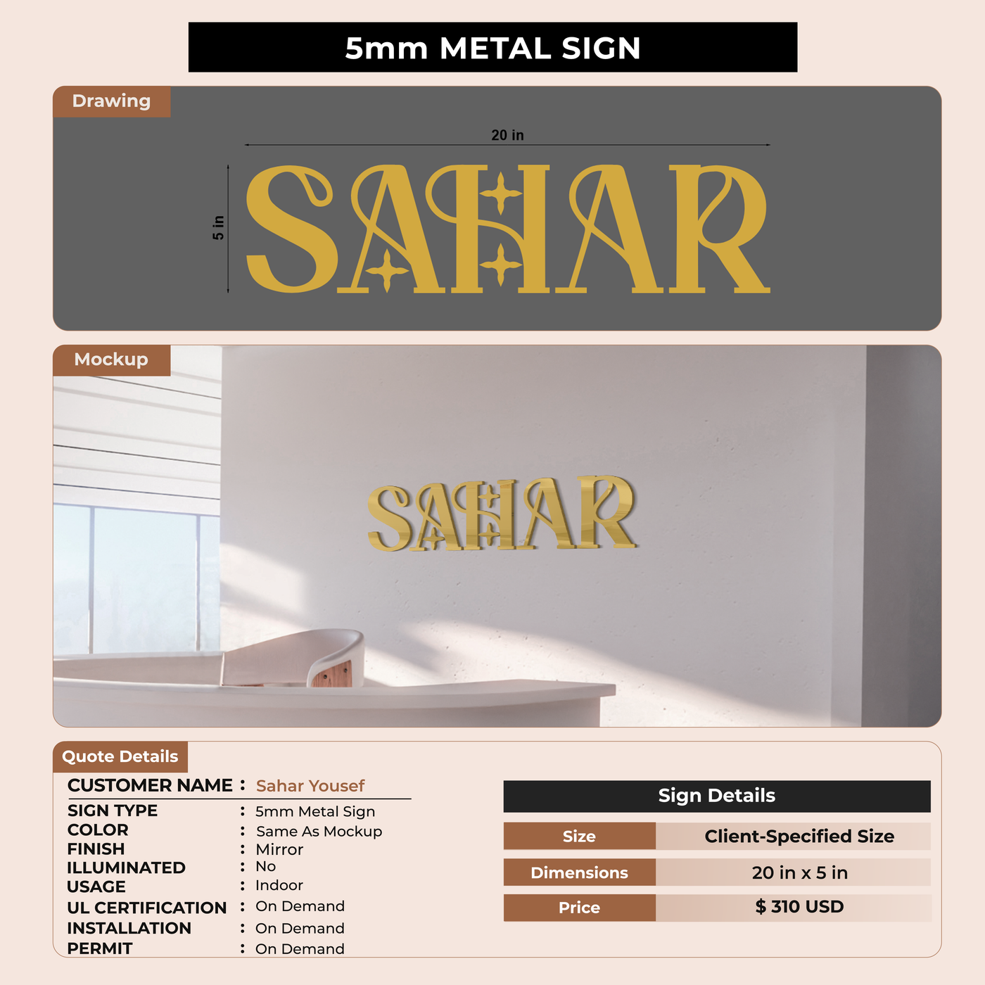 5mm metal sign for Sahar Yousef