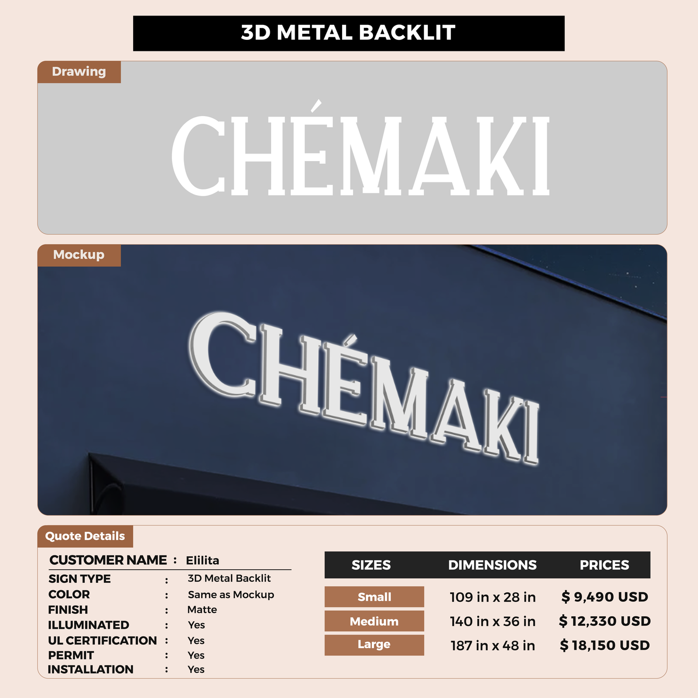 3d metal backlit sign for Elilita