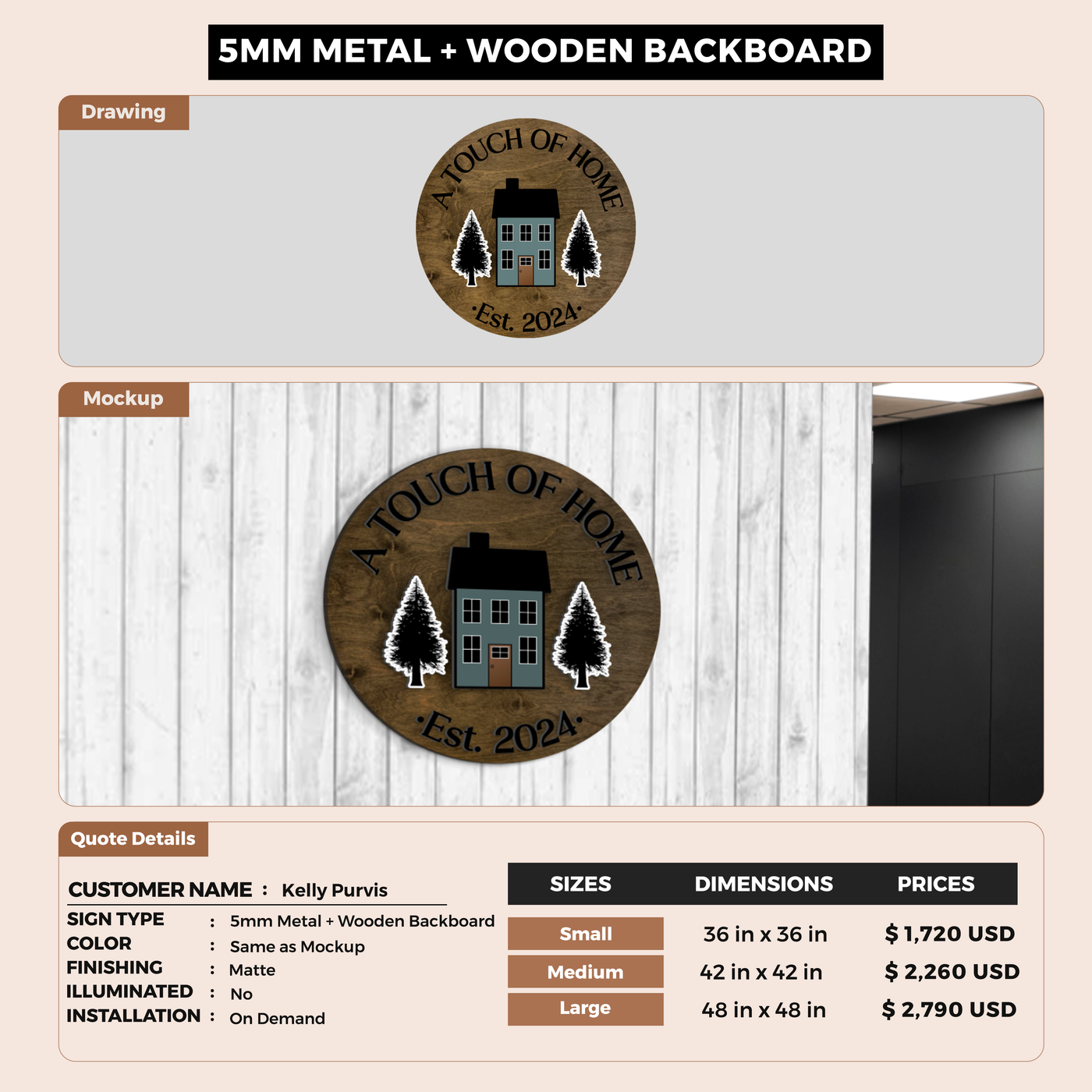 5mm metal sign with wooden board for Kelly Purvis