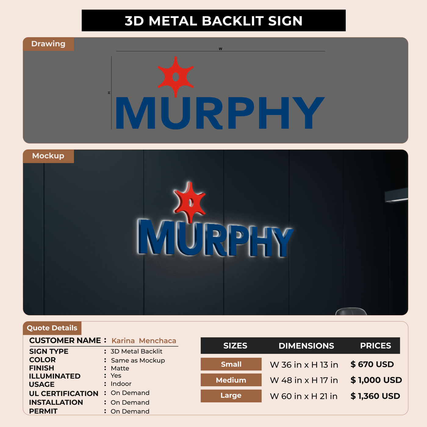 3D Metal Backlit Sign for Karina  Menchaca
