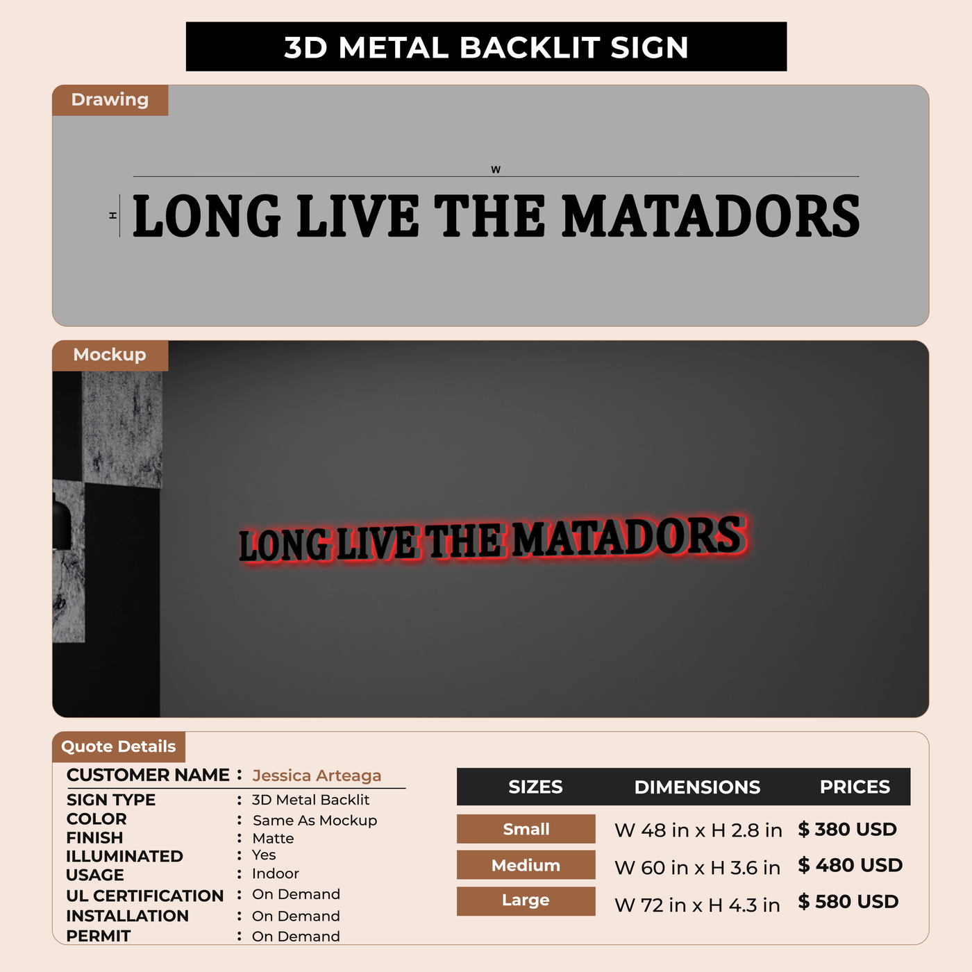 3D Metal Backlit Signage for Jessica Arteaga