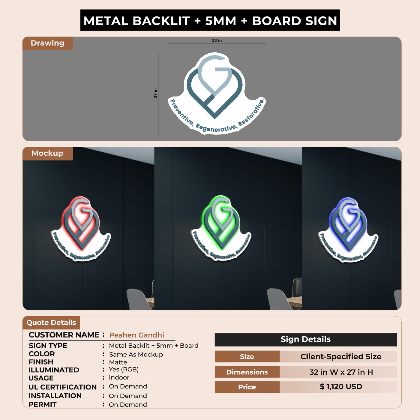 Metal Backlit + 5mm metal with backboard sign for Peahen Gandhi