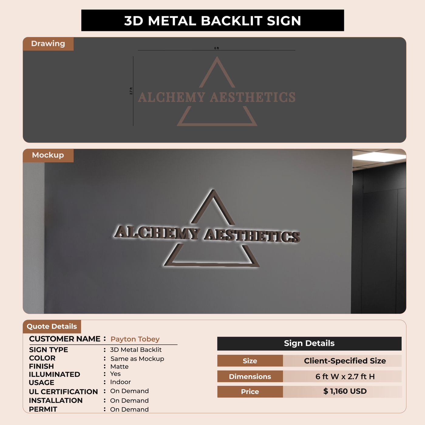 3D Metal Backlit Sign for Payton Tobey