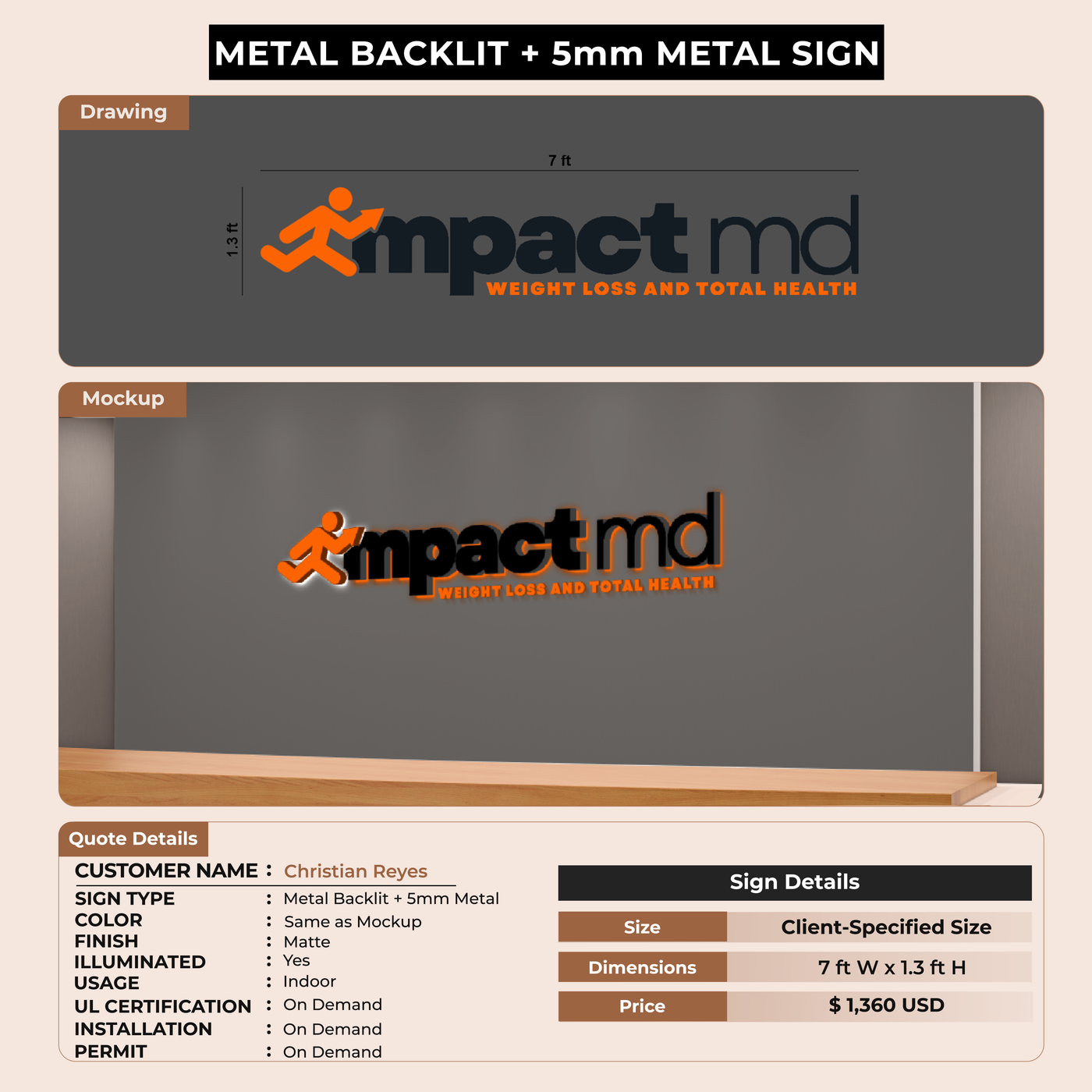 3D Metal Backlit with 5mm Sign for Christian Reyes