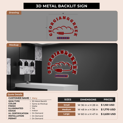 3D Metal Backlit Sign for Mary