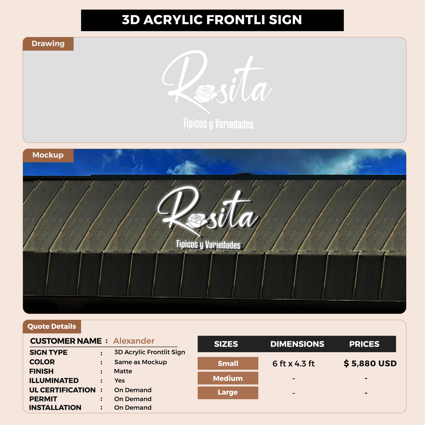 3D Acrylic Frontlit Sign for Alexander