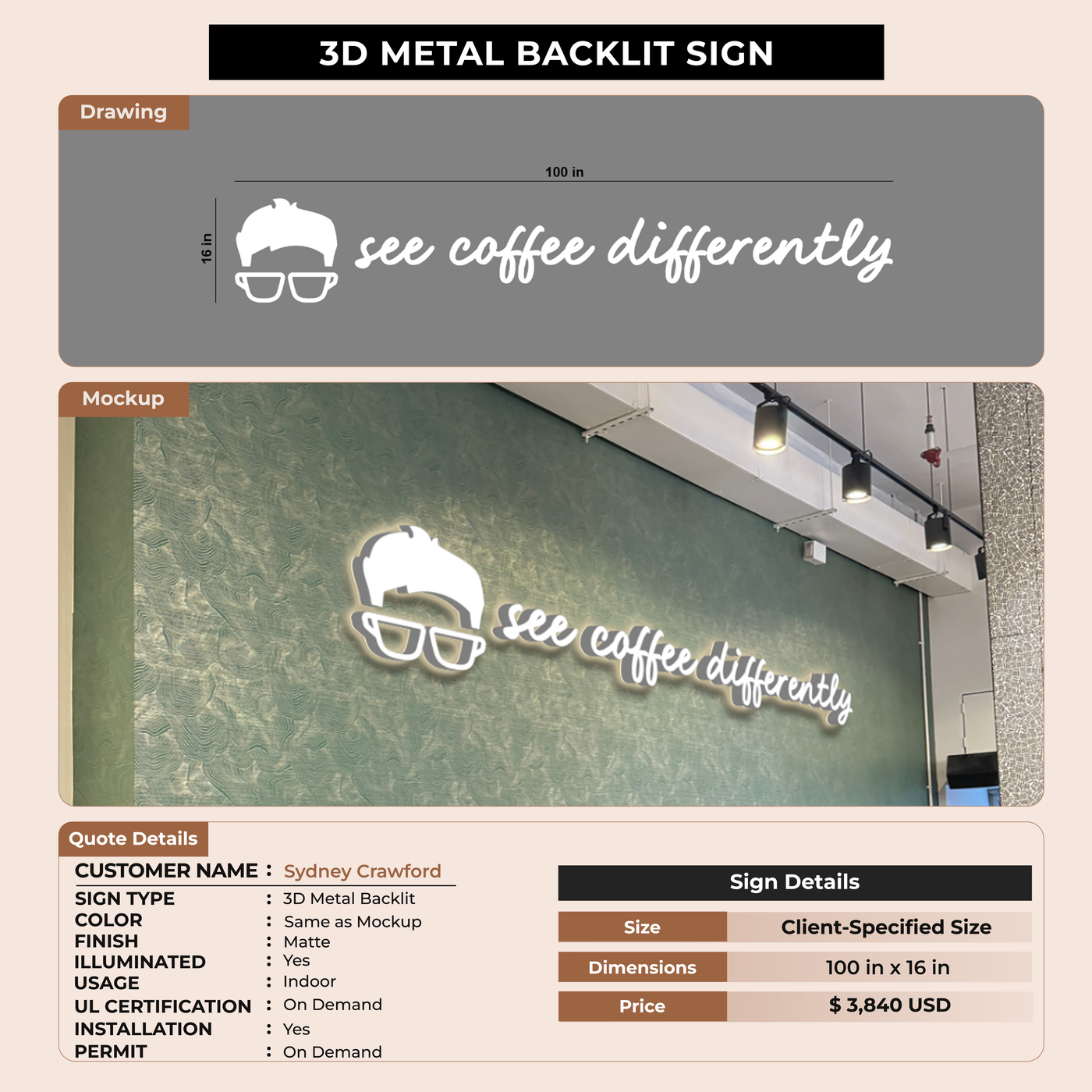 3D Metal Back-lit Sign For Sydney Crawford