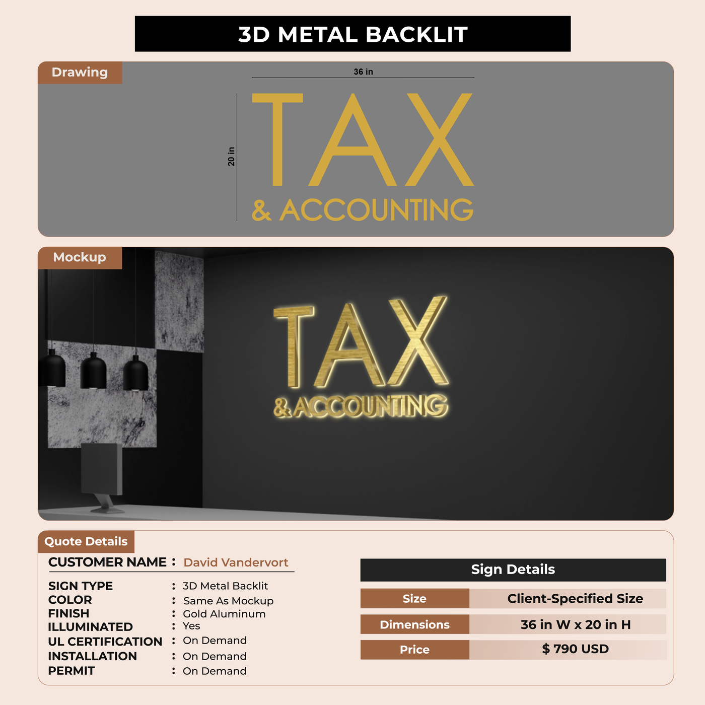 SAMPLE 3D Metal Backlit Sign for David Vandervort