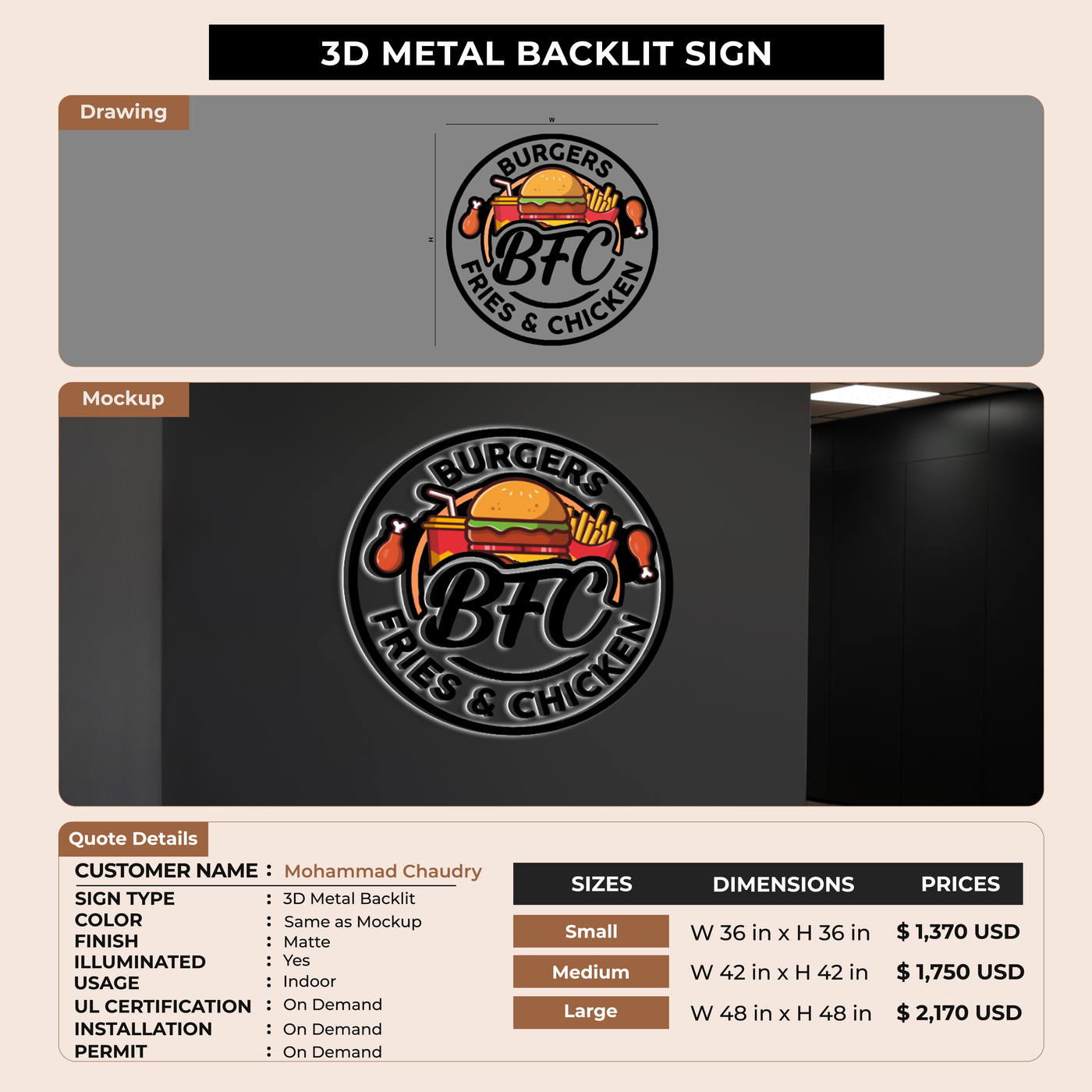 Metal Backlit Sign for Mohammad Chaudry