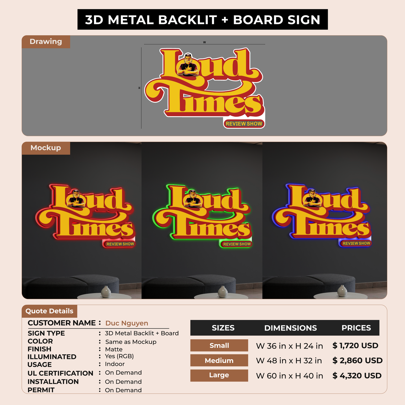 3D Metal Backlit with contour cut backboard sign for Duc Nguyen