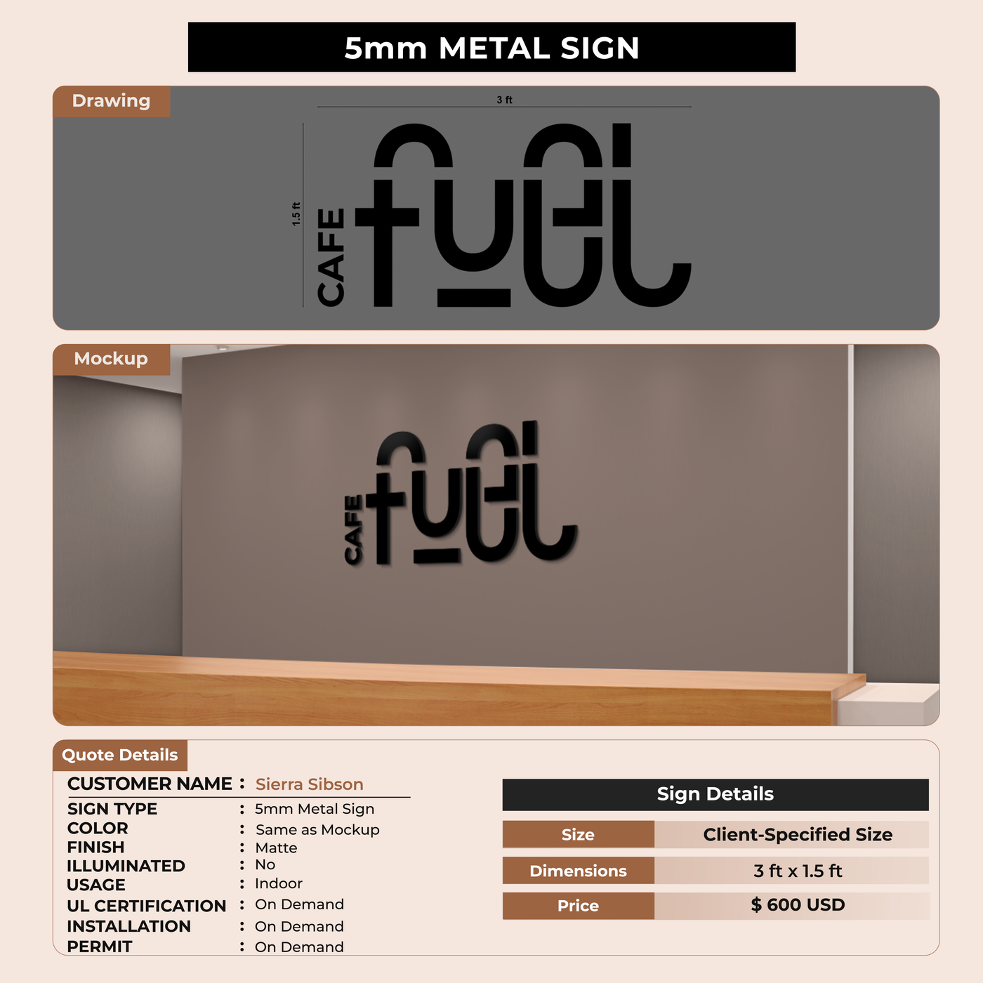 5mm metal sign for Sierra Sibson