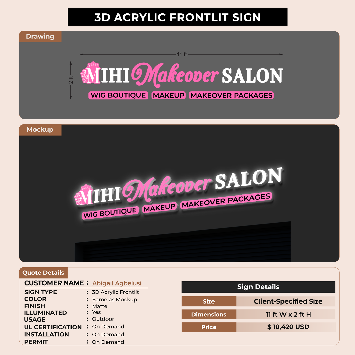 3D Acrylic Frontlit Sign for Abigail Agbelusi