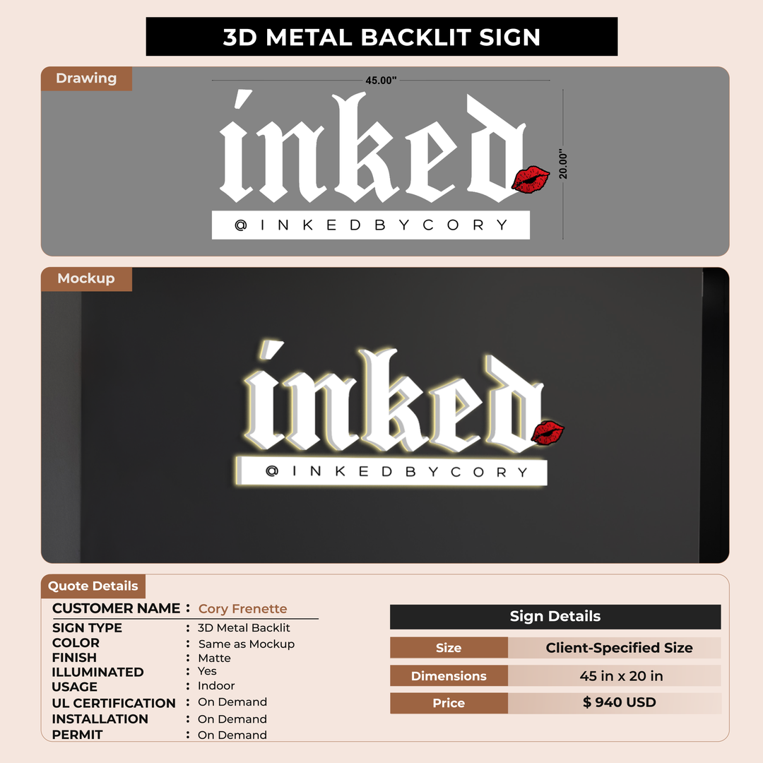 3d metal backlit Sign for Cory Frenette