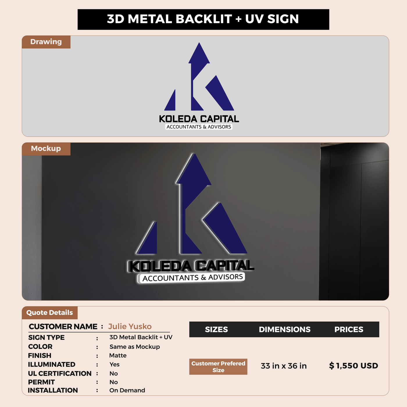 3D Metal Backlit + UV Sign for Julie Yusko