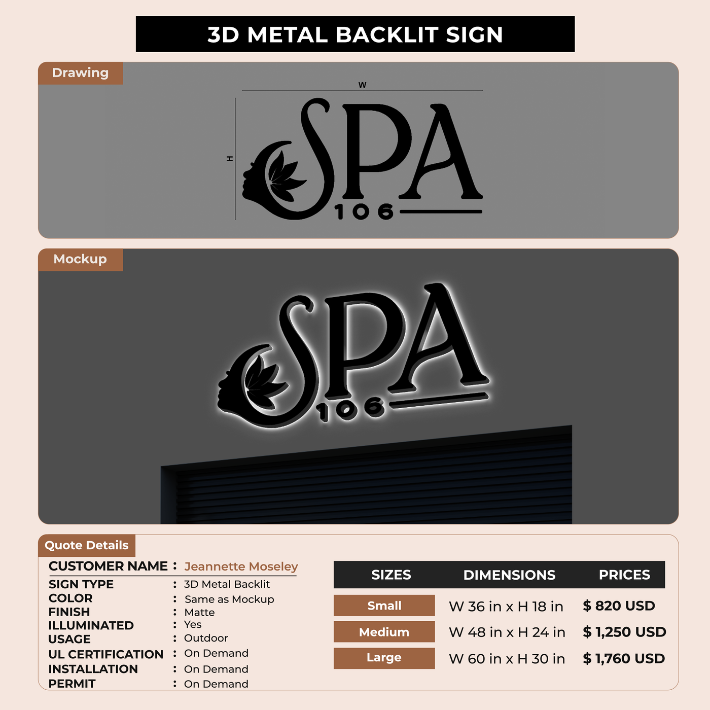 3D Metal Backlit Sign for Jeannette Moseley