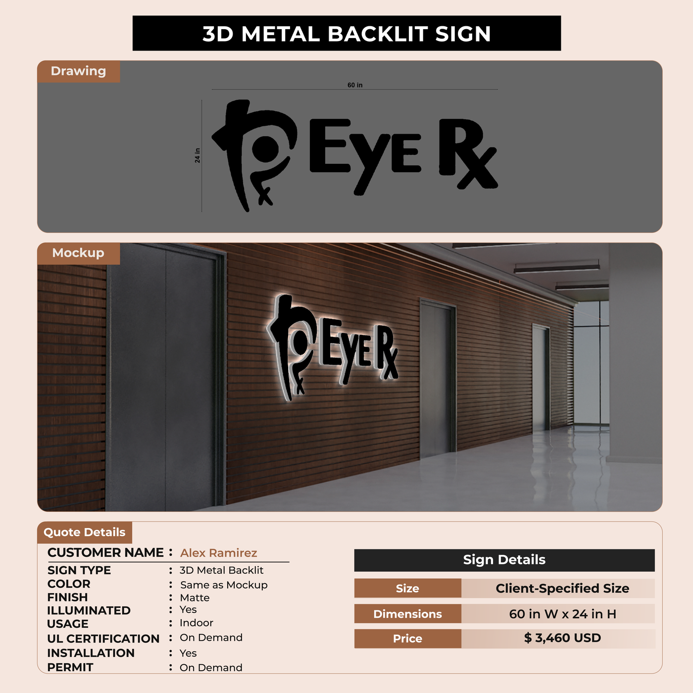 3D Metal Backlit Sign for Alex Ramirez