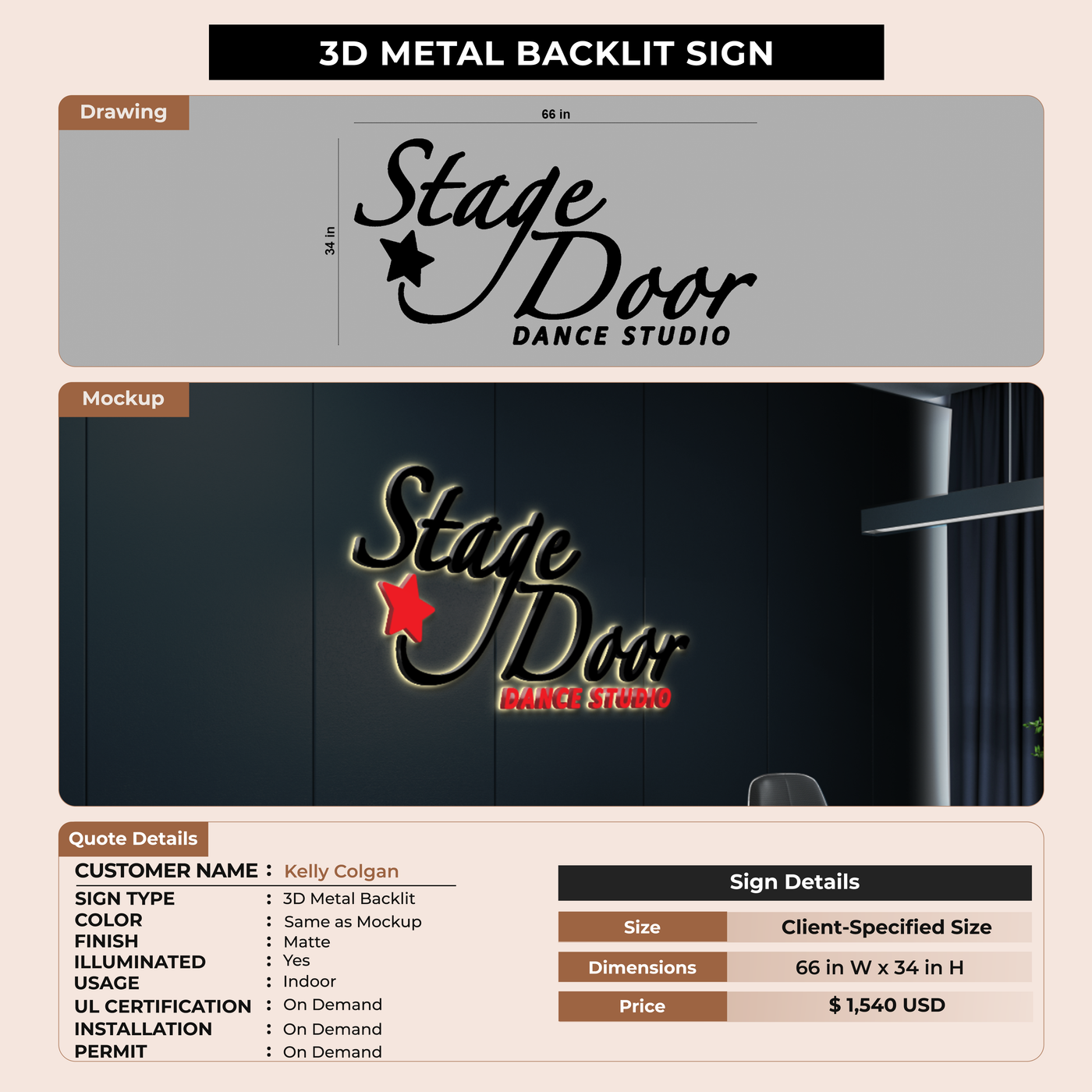 Metal Backlit Sign for Kelly Colgan