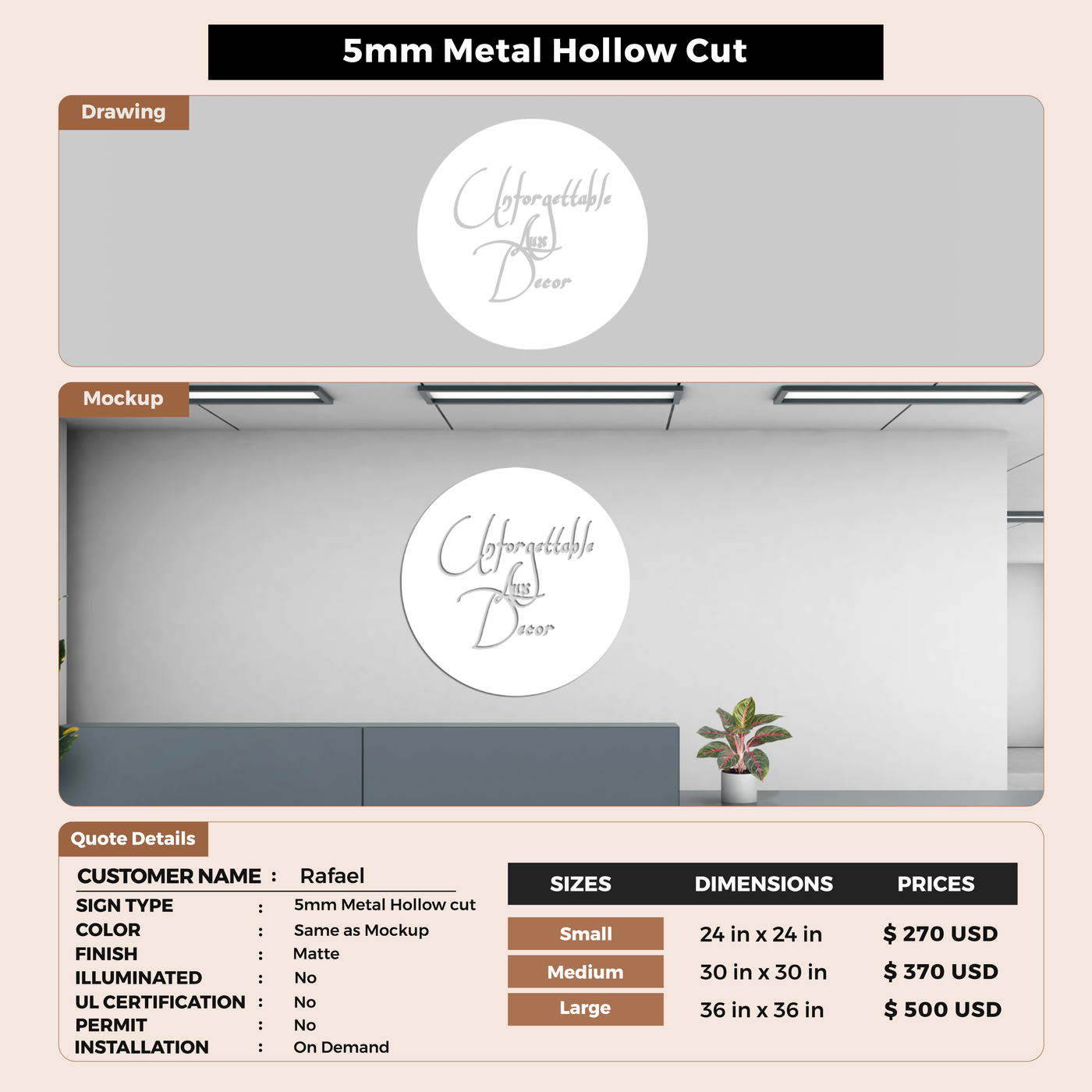 5mm Metal Hollow Cut Sign for Rafael