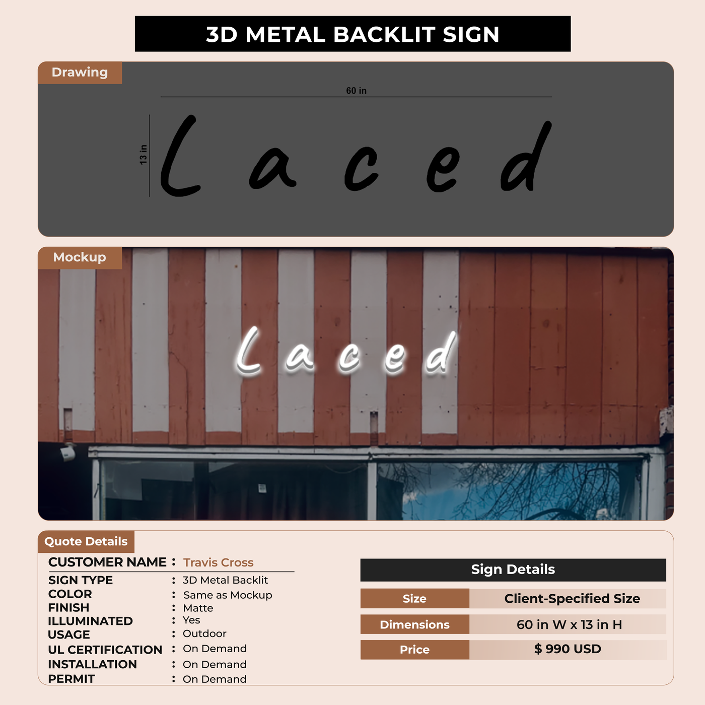 Metal Backlit Sign for Travis Cross