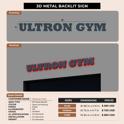 3D Metal Backlit sign for Maurice west