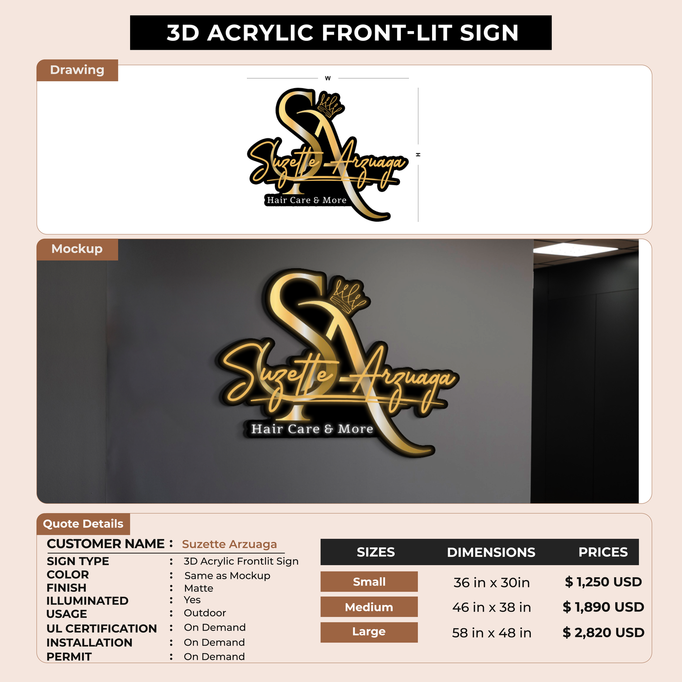 3d acrylic frontlit for Suzette Arzuaga