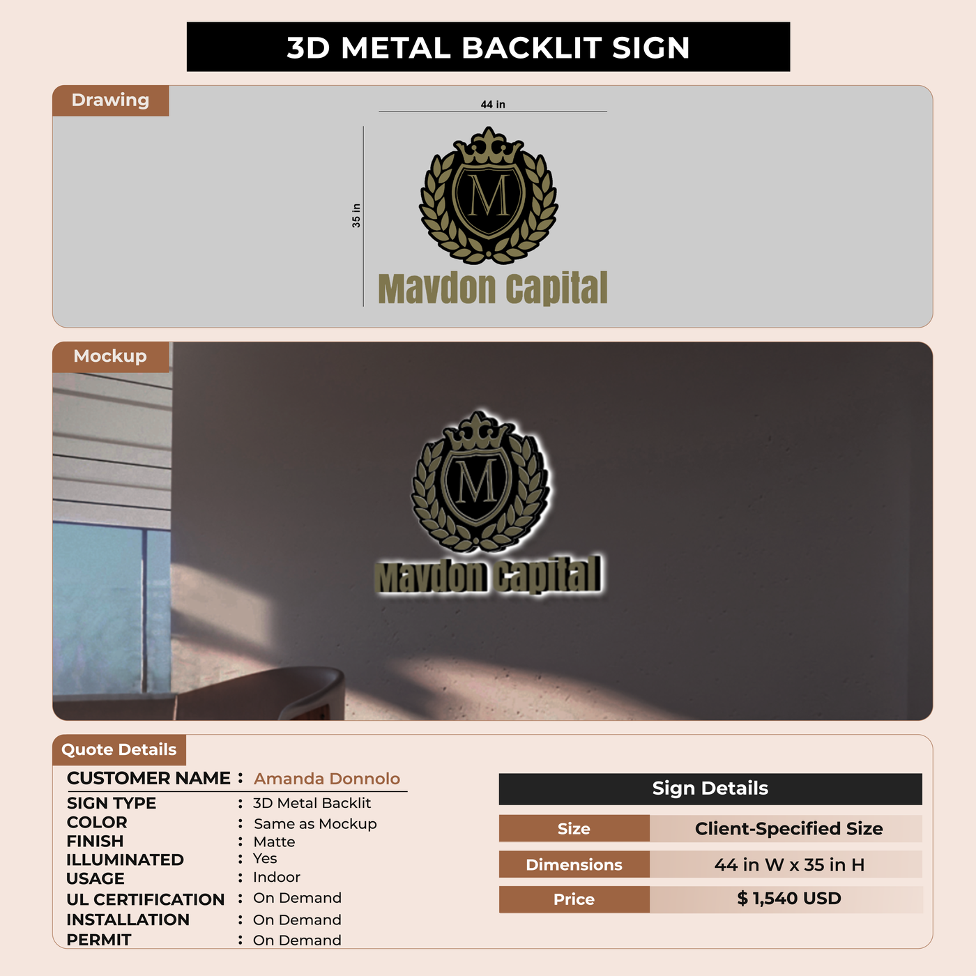 3D Metal Backlit Sign for Amanda Donnolo