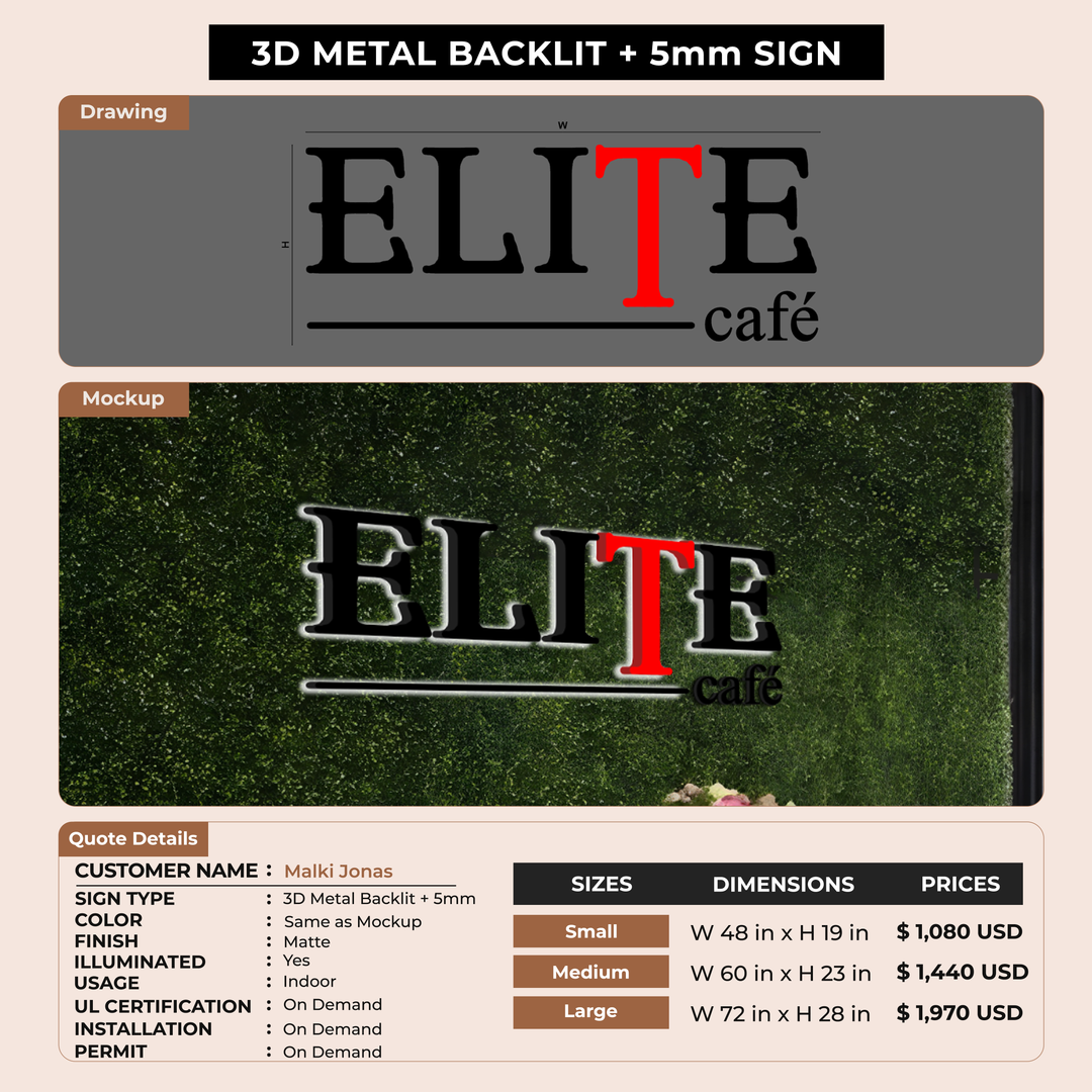 3D Metal Backlit + 5mm Sign for Malki Jonas