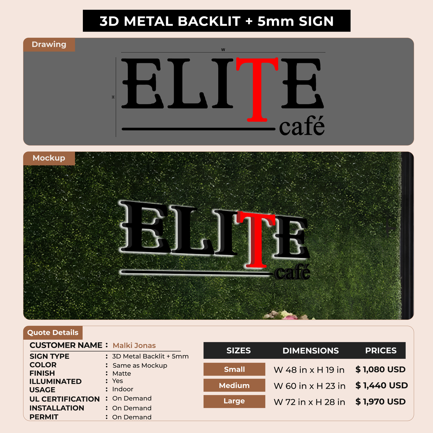 3D Metal Backlit + 5mm Sign for Malki Jonas