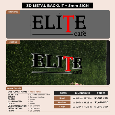 3D Metal Backlit + 5mm Sign for Malki Jonas