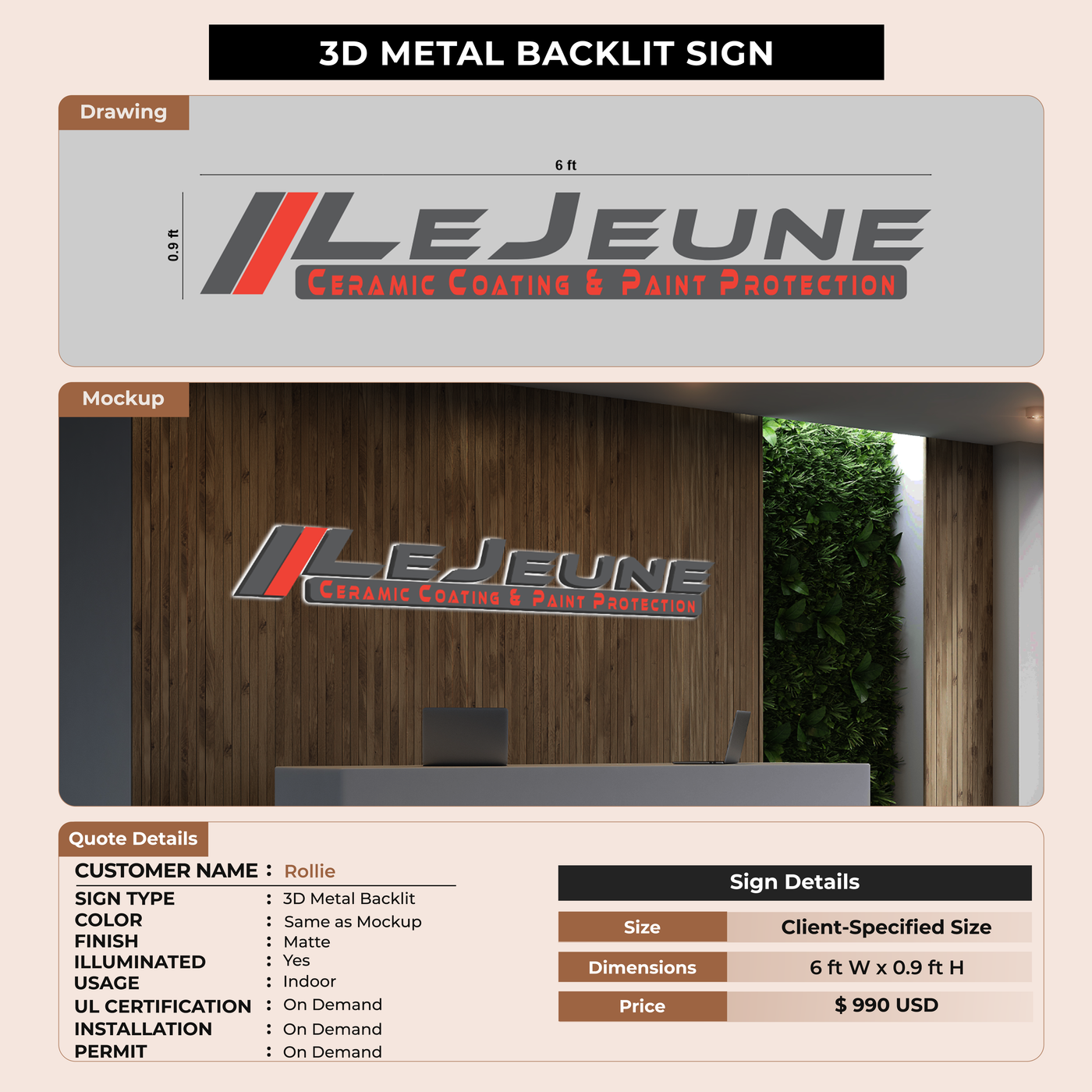 3D metal backlit sign for Rollie