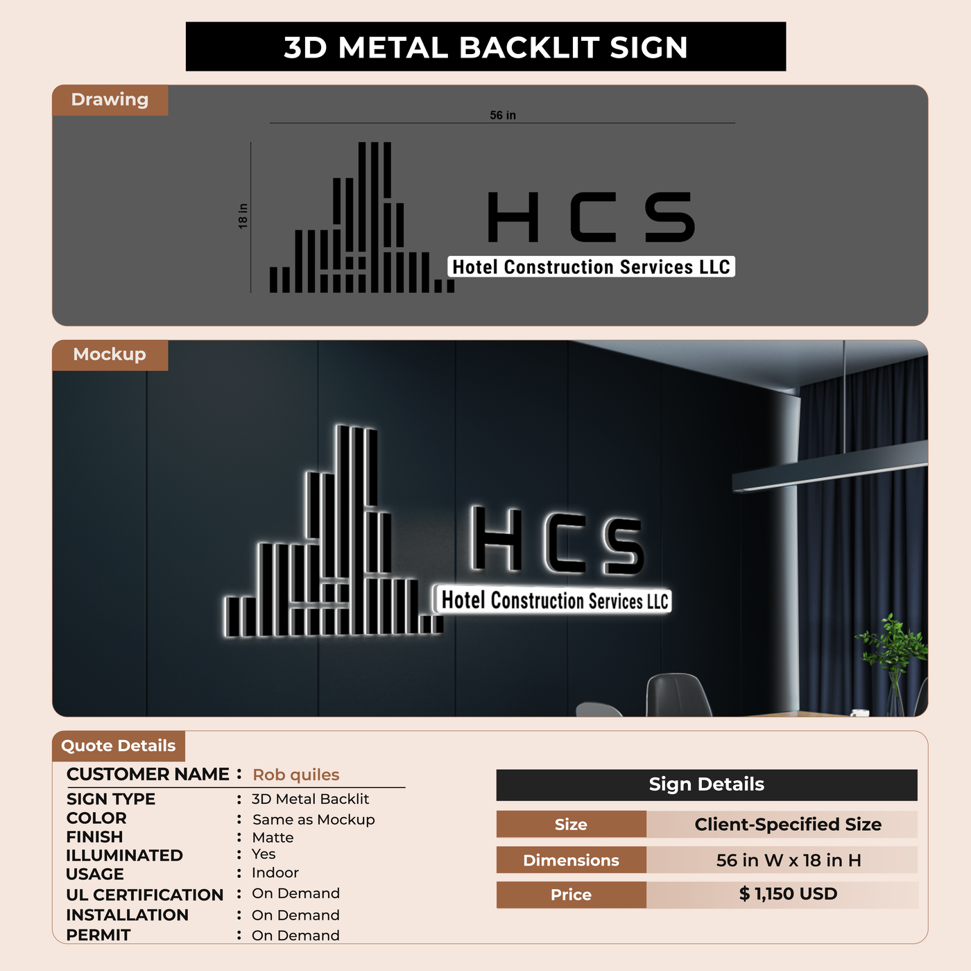 3D metal backlit sign for Rob quiles