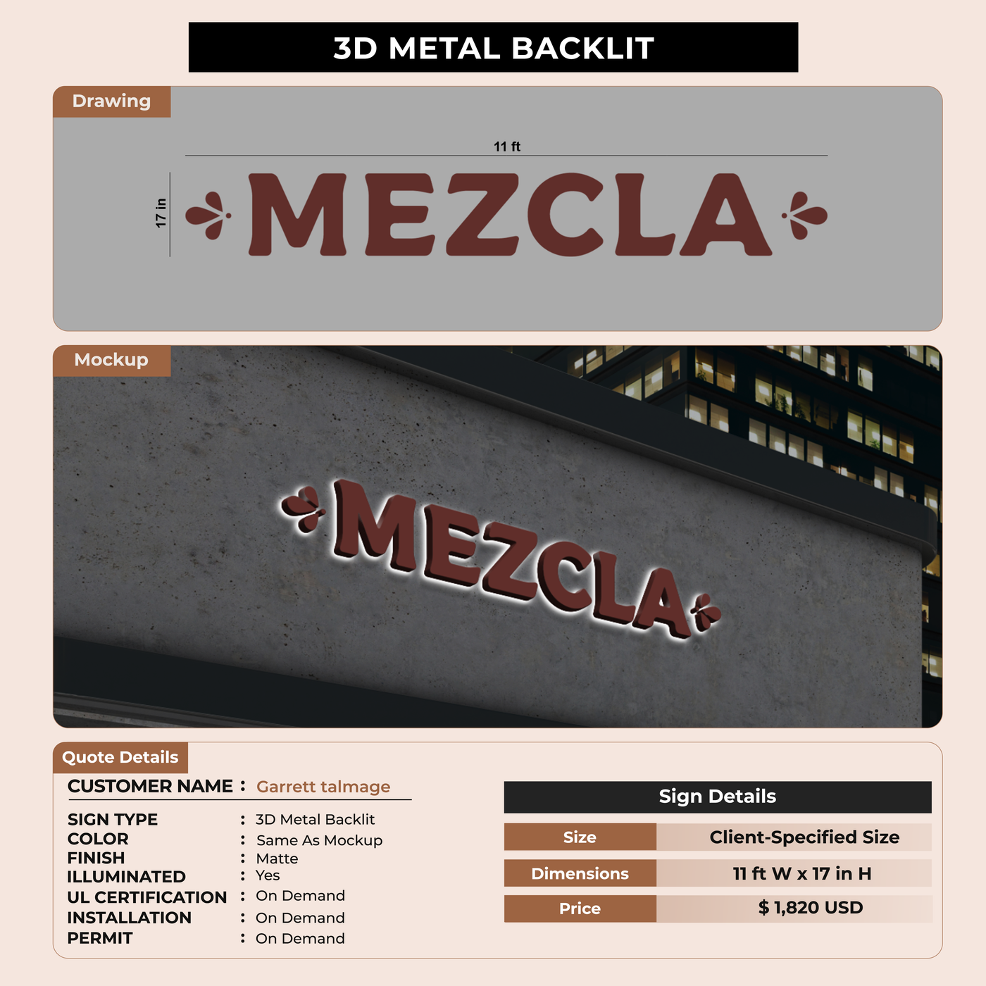 3D Metal Backlit Signage for Garrett talmage