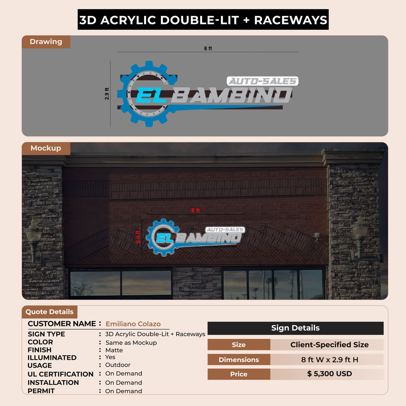 3D Acrylic Doublelit Sign with raceways for Emiliano Colazo