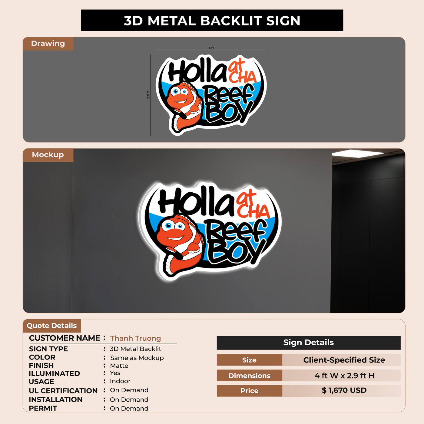 3D Metal Backlit Sign for Thanh Truong