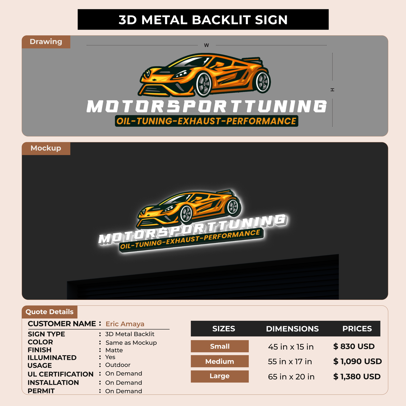 3D Metal Backlit Sign for Eric Amaya